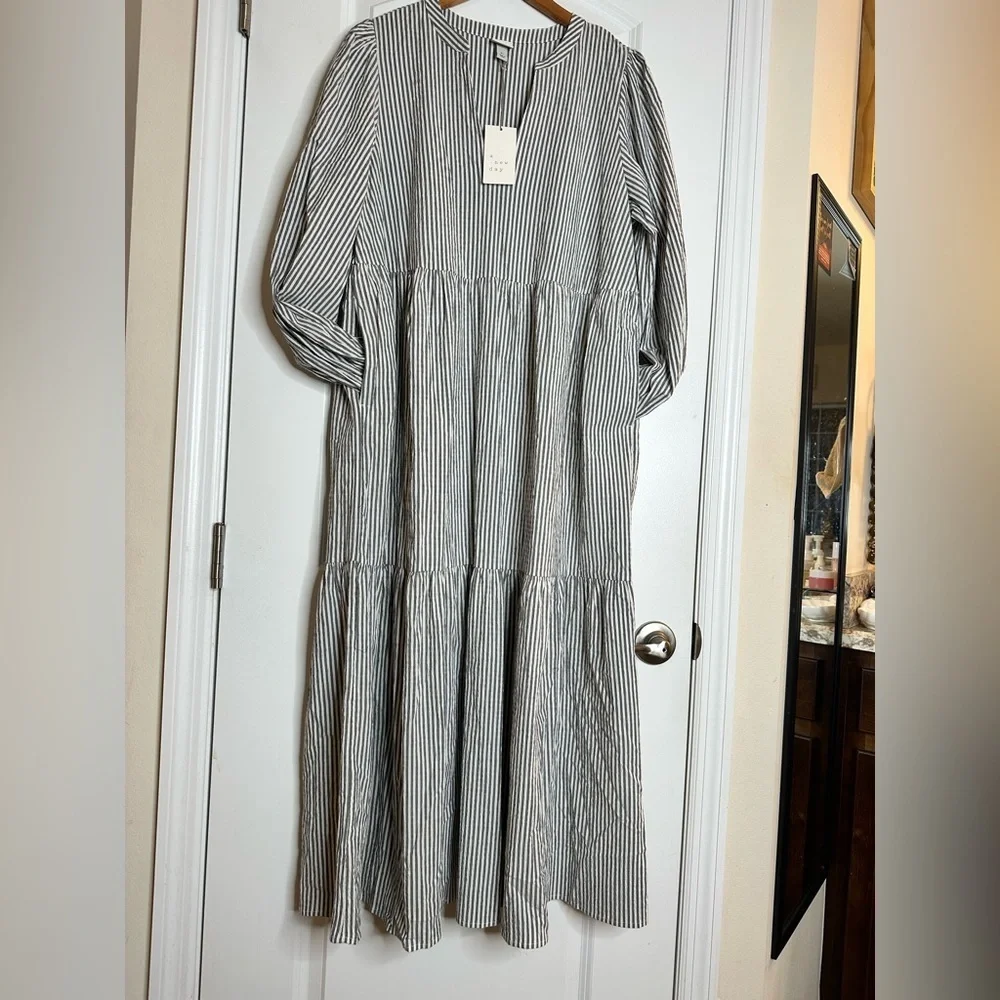 Coquette Milkmaid Tiered Long Sleeve Tiered Gray & White Stripes XL Pockets NWT - Picture 3 of 11